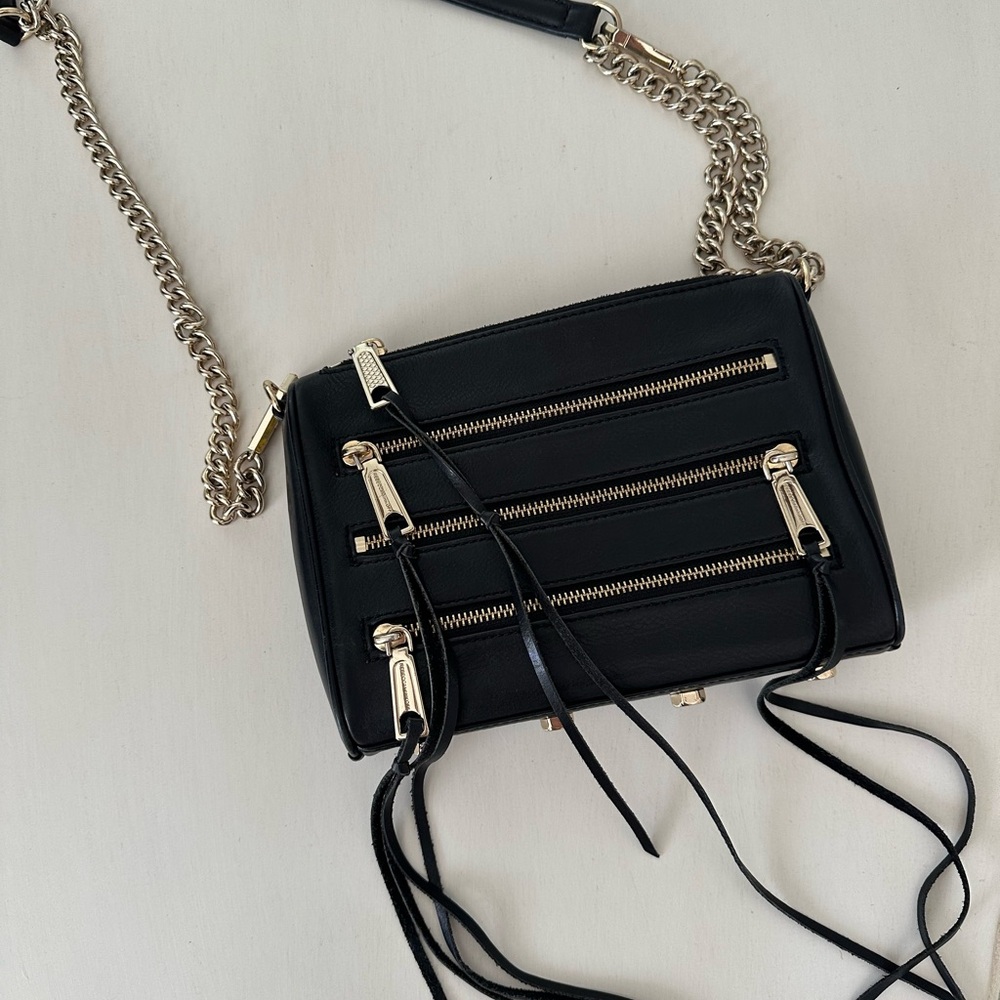 Rebecca Minkoff Black Mini Mac 5 Zip  Crossbody Bag with Gold Chain